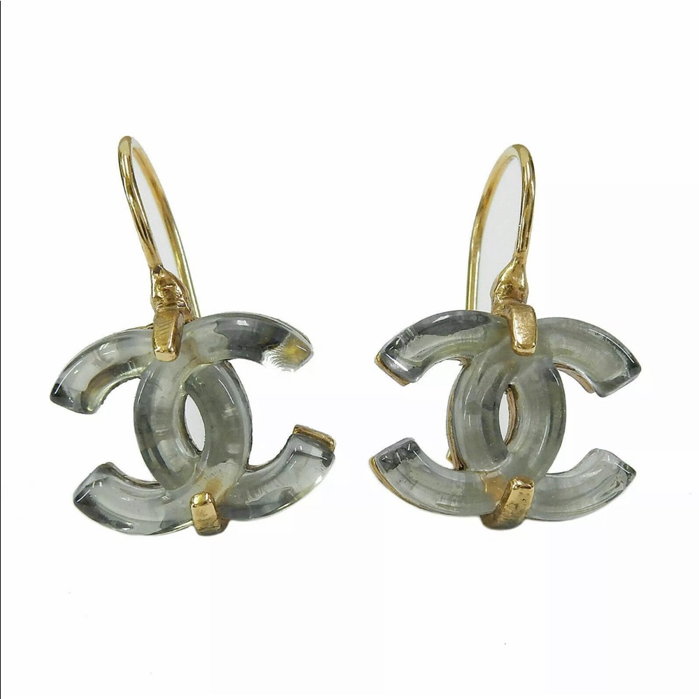 💯 Authentic CHANEL CC Logo Resin Dangle Earrings